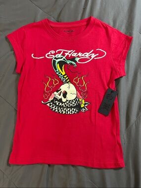 Ed Hardy Red Short Sleeve Tee size medium with Snake, Skull & Flame Graphic